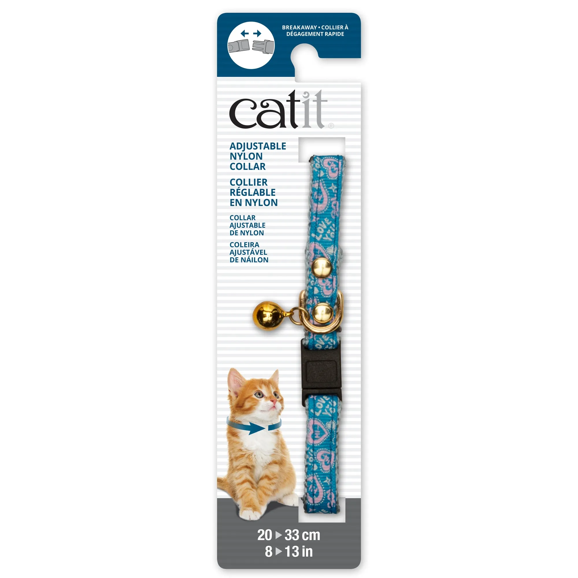 Catit Adjustable Breakaway Nylon Collar with Rivets - Blue with Pink Hearts - 20-33 cm (8-13 in)