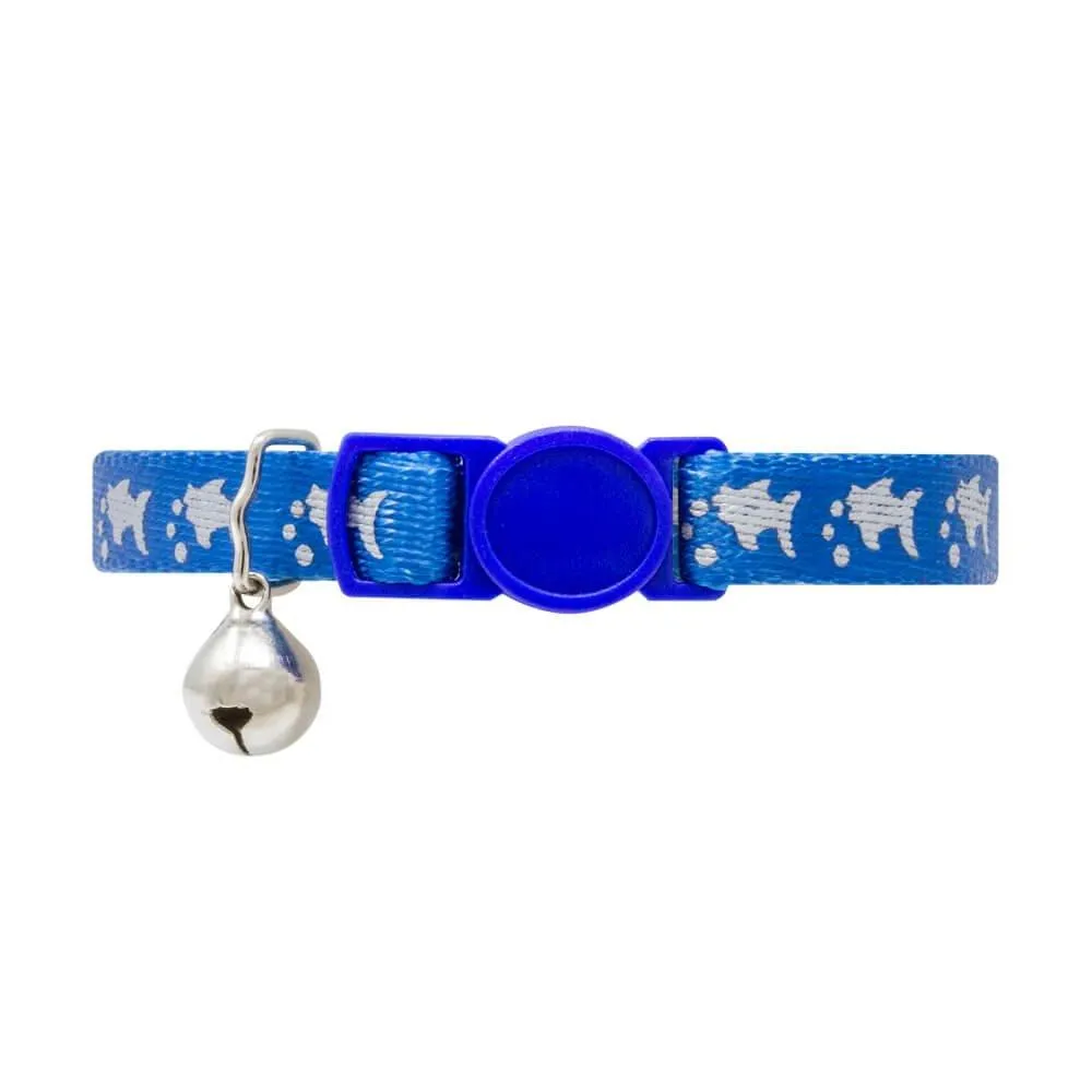 Reflective Cat Collar with Blue Fish Print & Safety Release Buckle