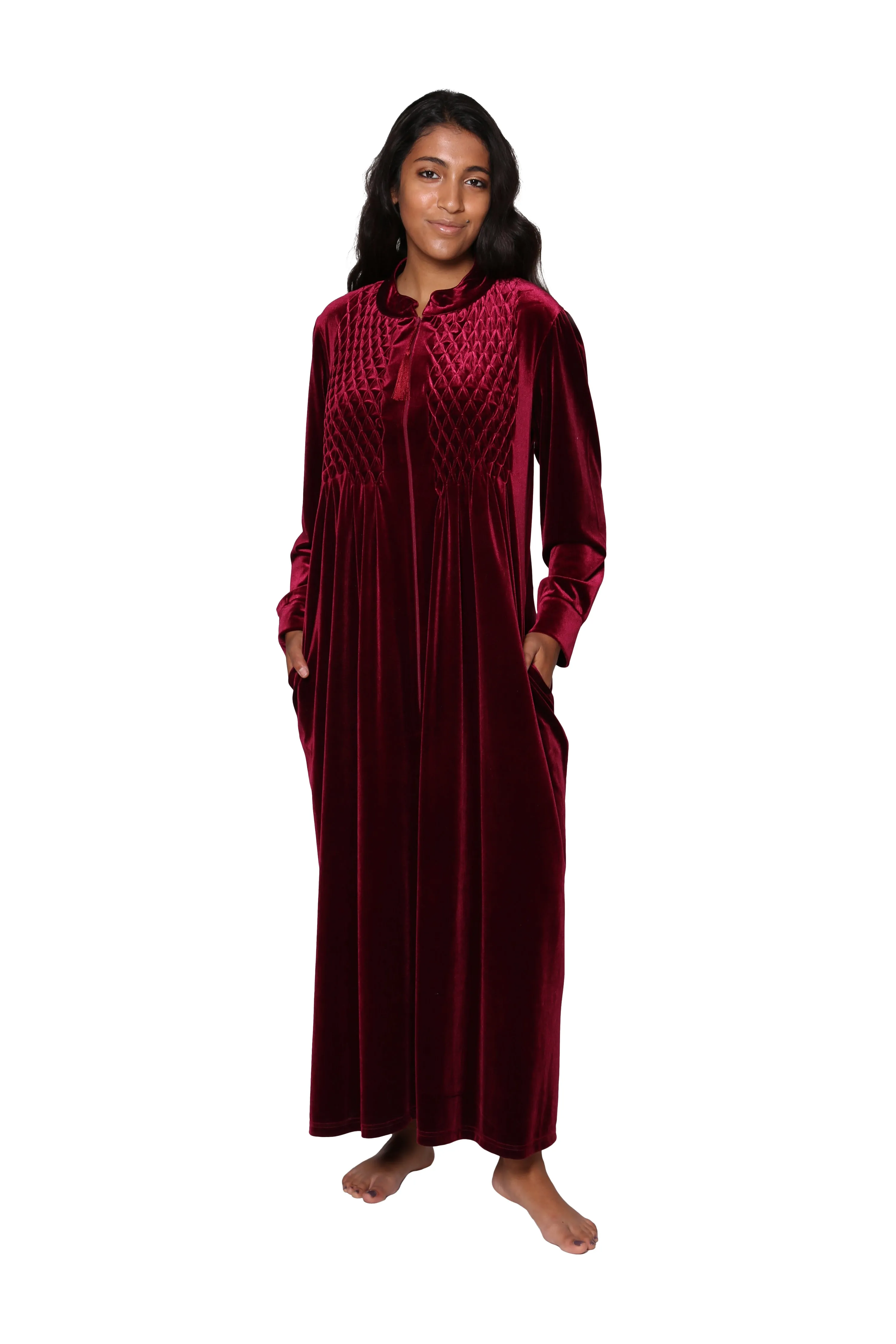 Smocked Velour Zip Front Robe