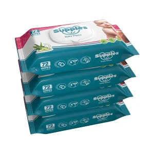 Supples Baby Wet Wipes with lid Enriched with Aloe Vera, 72 Wipes/Pack (Pack of 4)