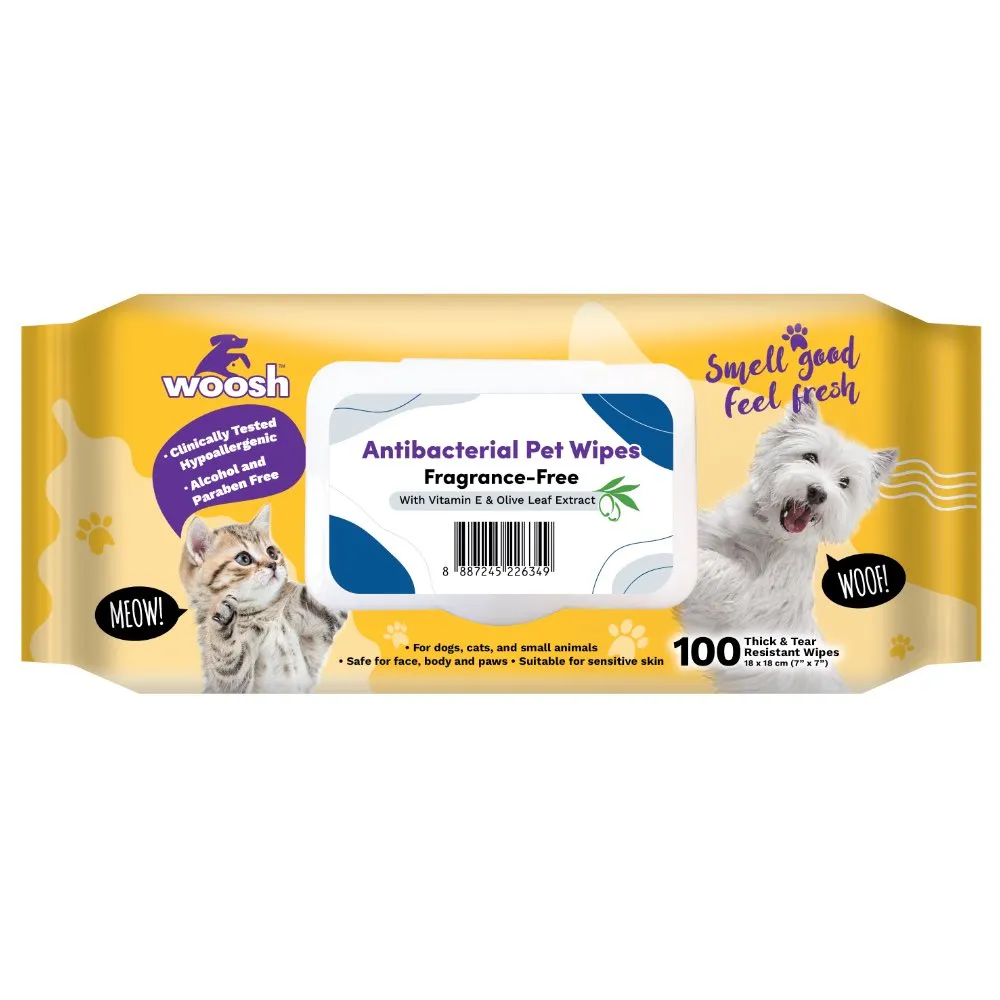 Woosh Fragrance-Free Unscented Antibacterial Pet Wipes 100pcs